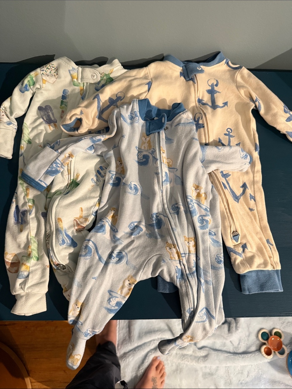 Burt's Bees Baby Blue and Cream Anchor & Animal Footed One-Piece Pajamas
